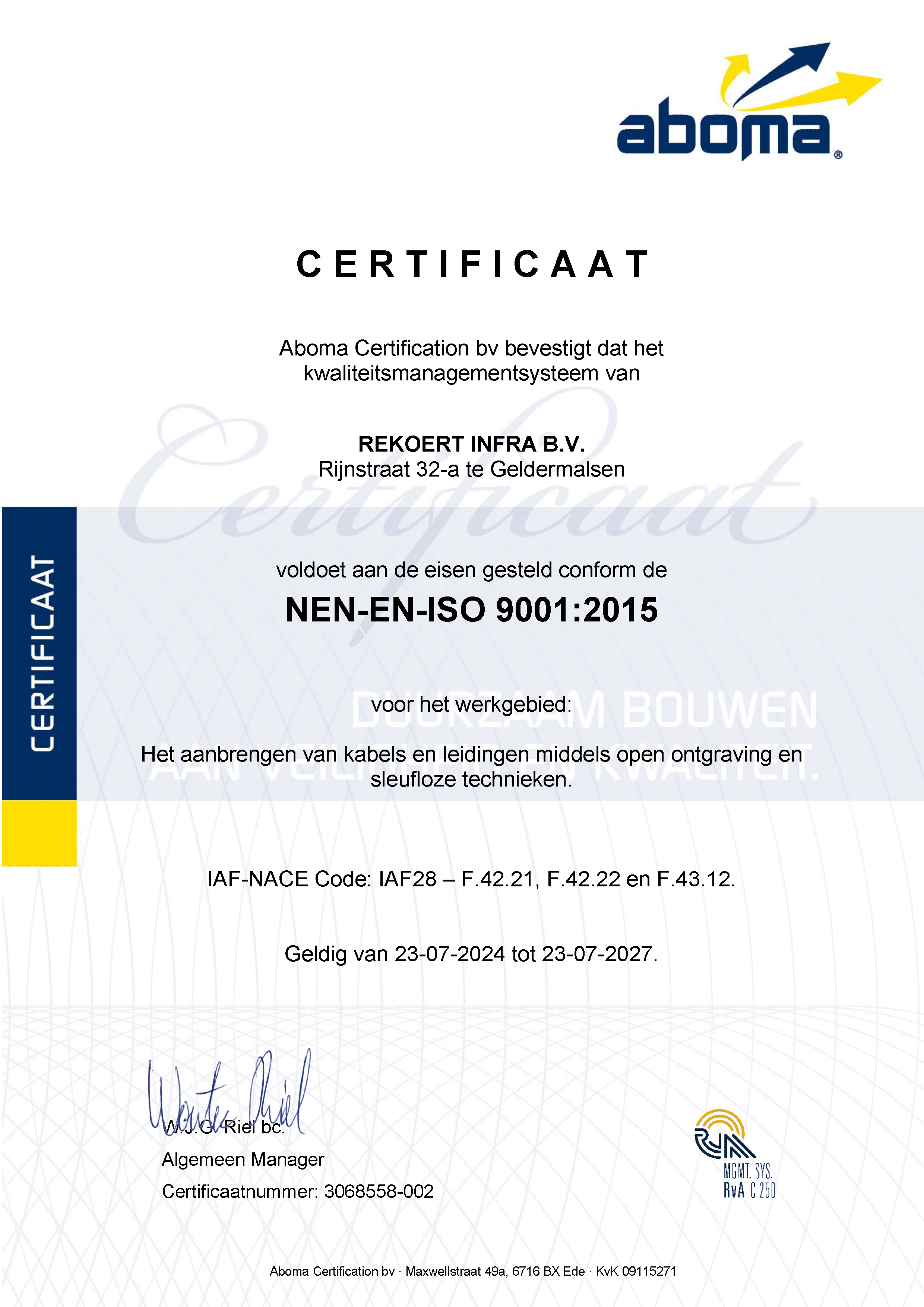 Certificaat Rekoert Infra ISO9001 23-07-2027