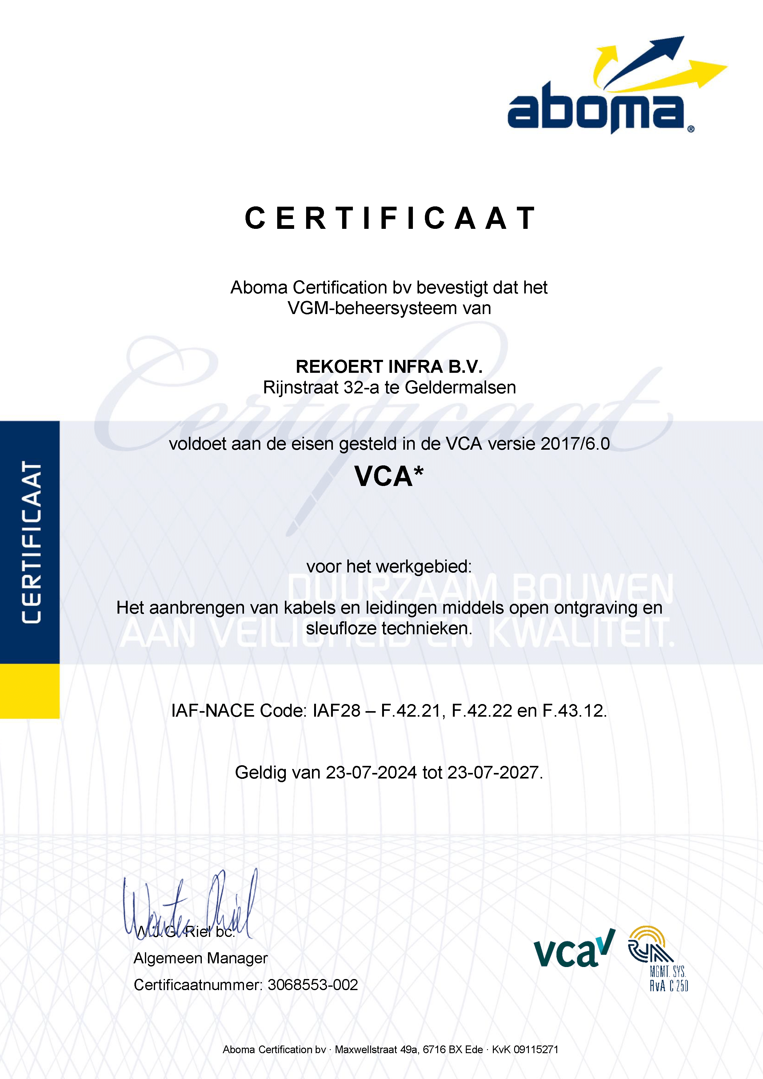 Certificaat Rekoert Infra VCA 23-07-2027